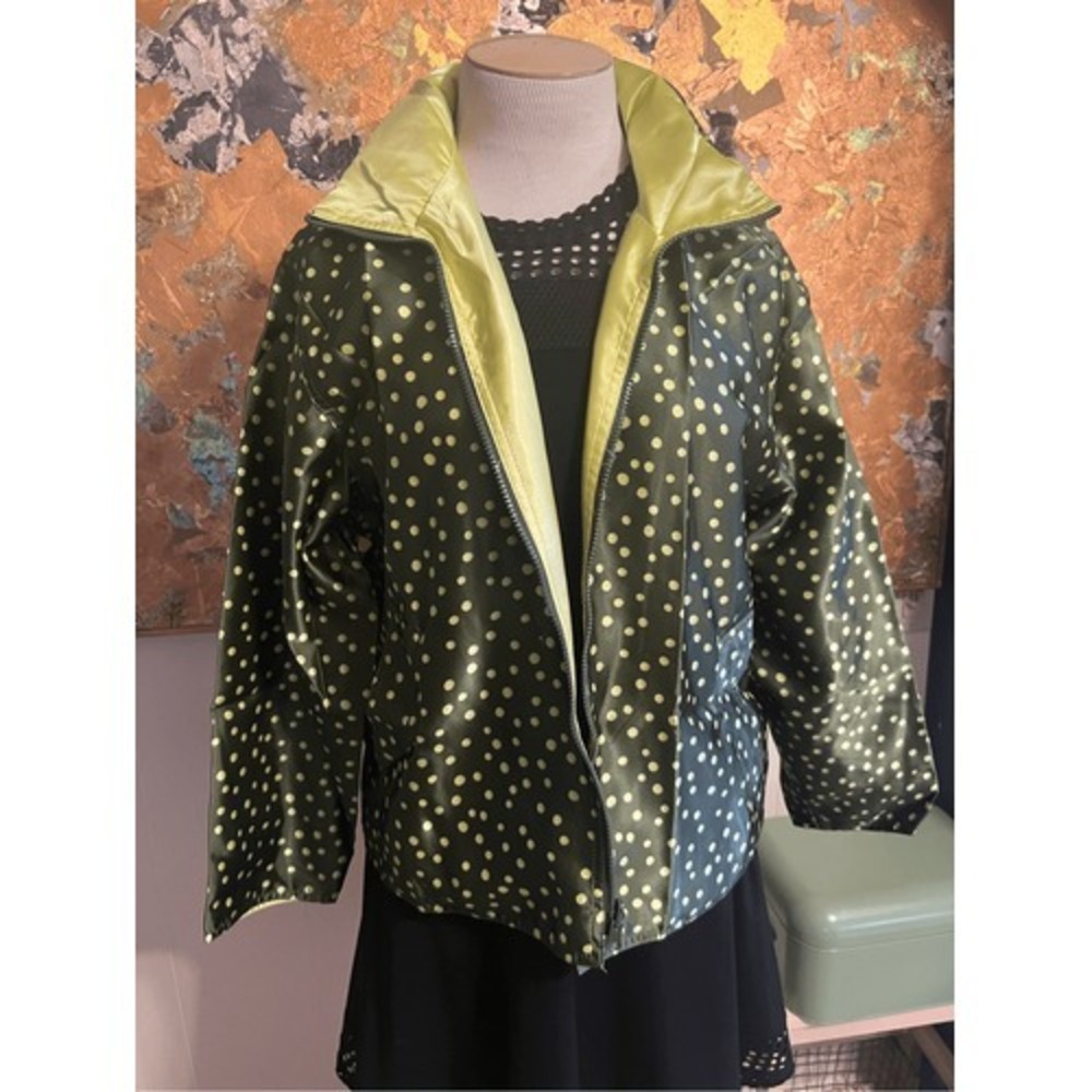 MycraPac-One Lime Green to Gteen Polka Dot Reversible Raincoat with Zip Away Hoo